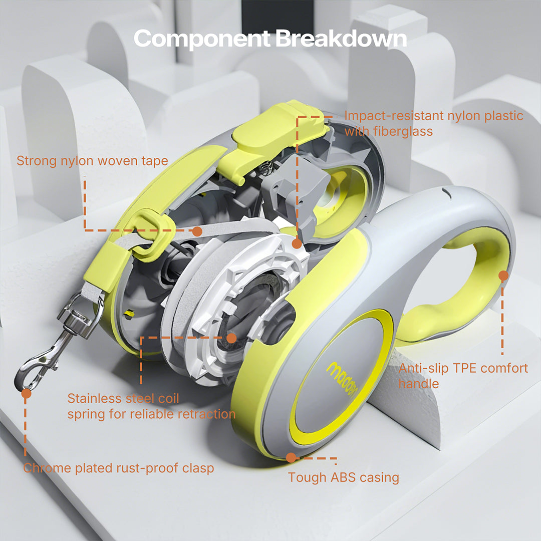 Retractable dog leash with bright, visible nylon tape for strong pullers, preventing tangles
