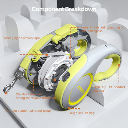 Retractable dog leash with bright, visible nylon tape for strong pullers, preventing tangles