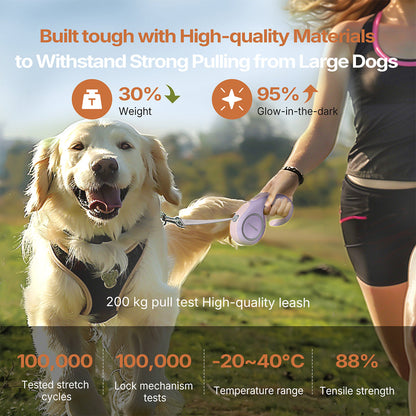 Retractable dog leash for large dogs, showing durable nylon tape fully extended