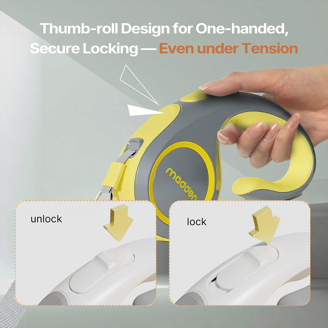 Close-up of ergonomic handle on a heavy-duty retractable dog leash, comfortable grip