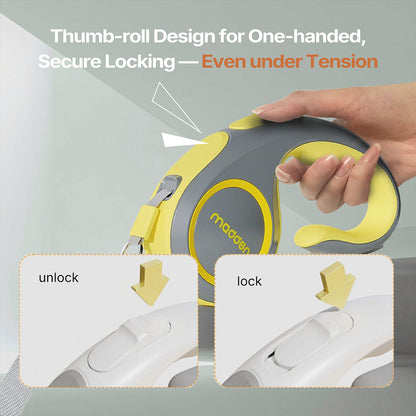 Close-up of ergonomic handle on a heavy-duty retractable dog leash, comfortable grip