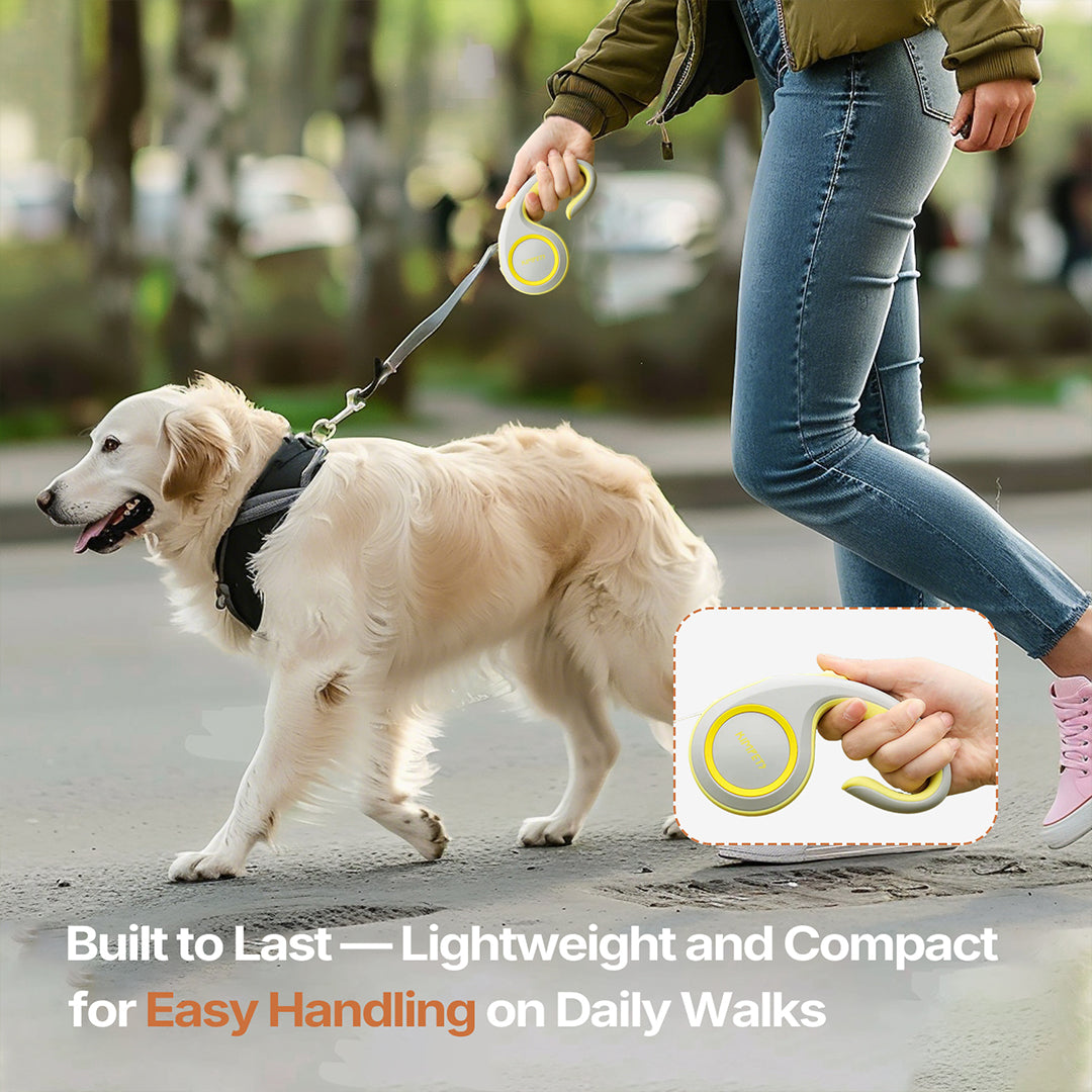 Detail of the locking mechanism on a retractable dog leash for secure control during walks