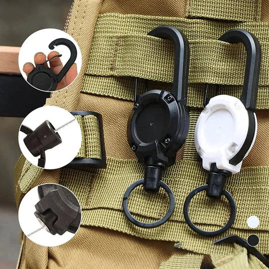 Heavy duty retractable keychain with carabiner clip for keys and ID badges, tactical gear utility accessory.