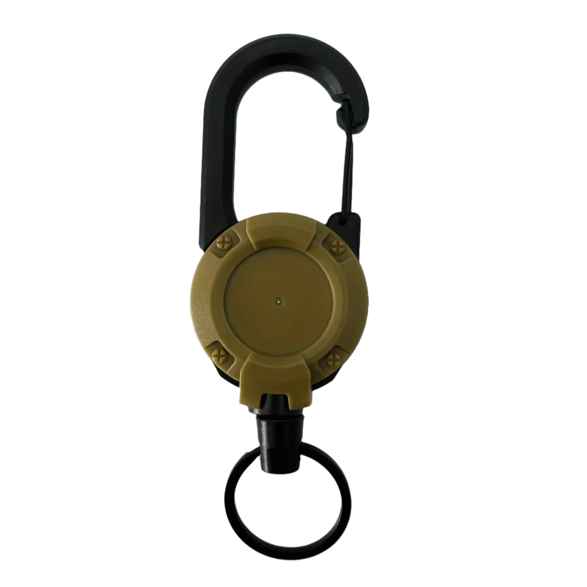 Tactical retractable keychain featuring a reinforced carabiner clip, suitable for demanding environments.