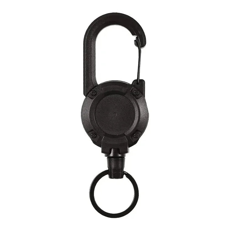Heavy duty ID badge reel keychain with a spring-loaded carabiner for quick and secure access.