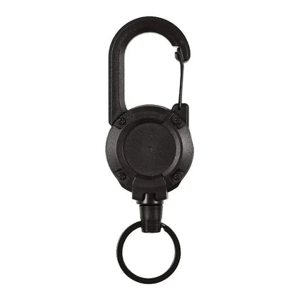 Heavy duty ID badge reel keychain with a spring-loaded carabiner for quick and secure access.