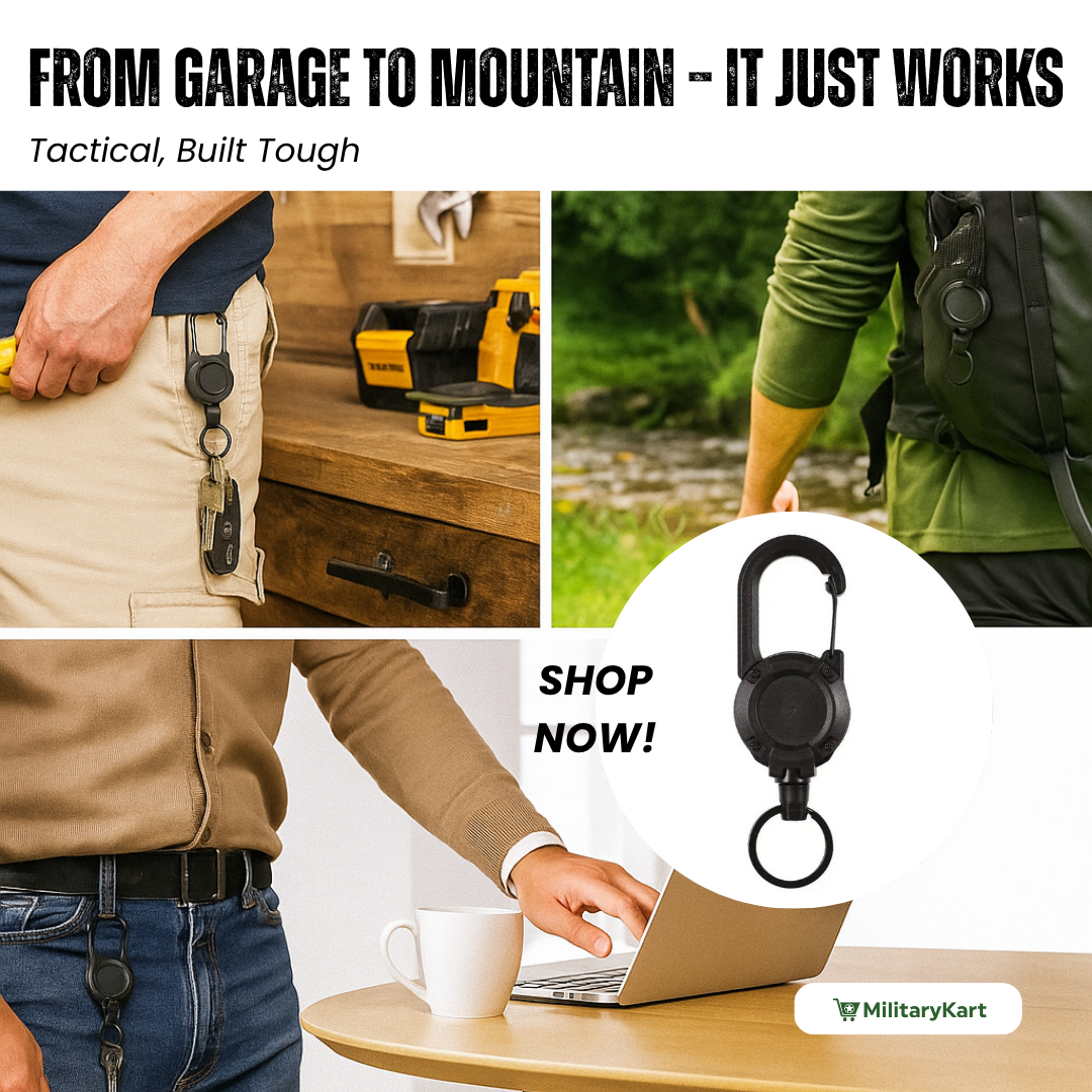 Retractable keychain for ID badges featuring a robust carabiner clip, a durable work essential.