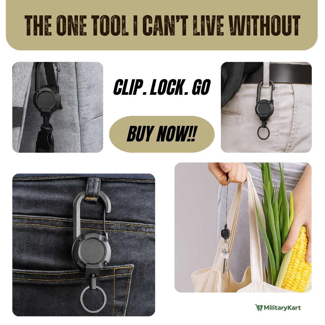Utility accessory: tactical badge reel keychain with carabiner, strong enough for keys and tools.
