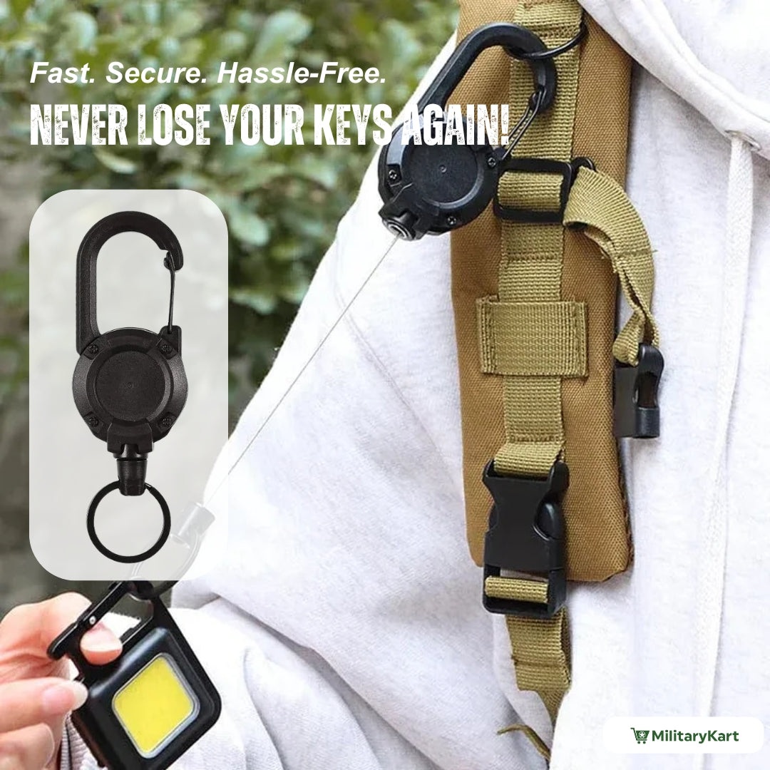 Outdoor equipment: heavy duty retractable keychain with secure carabiner for adventurers' keys.