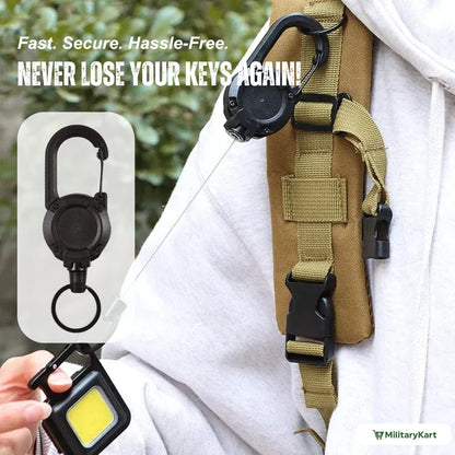Outdoor equipment: heavy duty retractable keychain with secure carabiner for adventurers' keys.