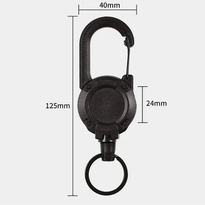 Secure retractable key holder with metal carabiner, essential for professionals and outdoor enthusiasts.