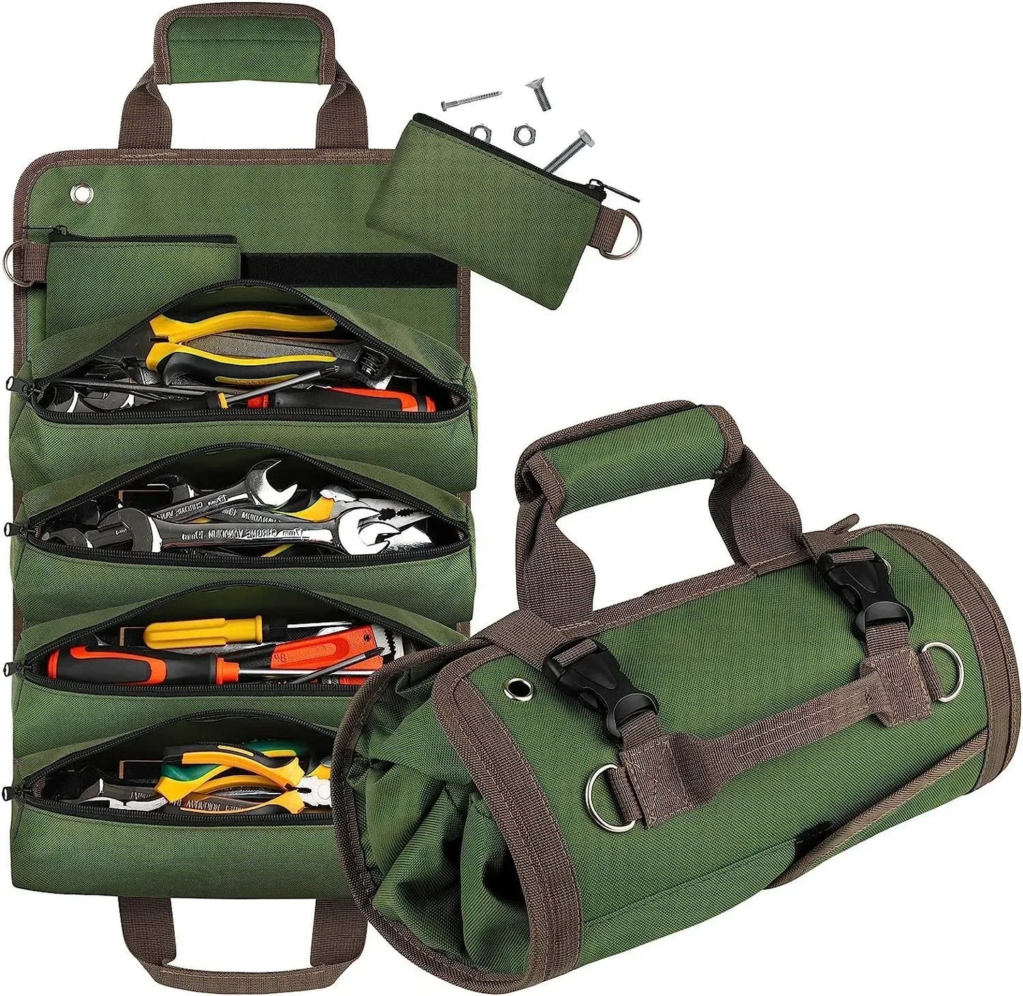 Heavy-duty roll-up tool bag organizer, black Oxford fabric, water-resistant, ideal for tool storage