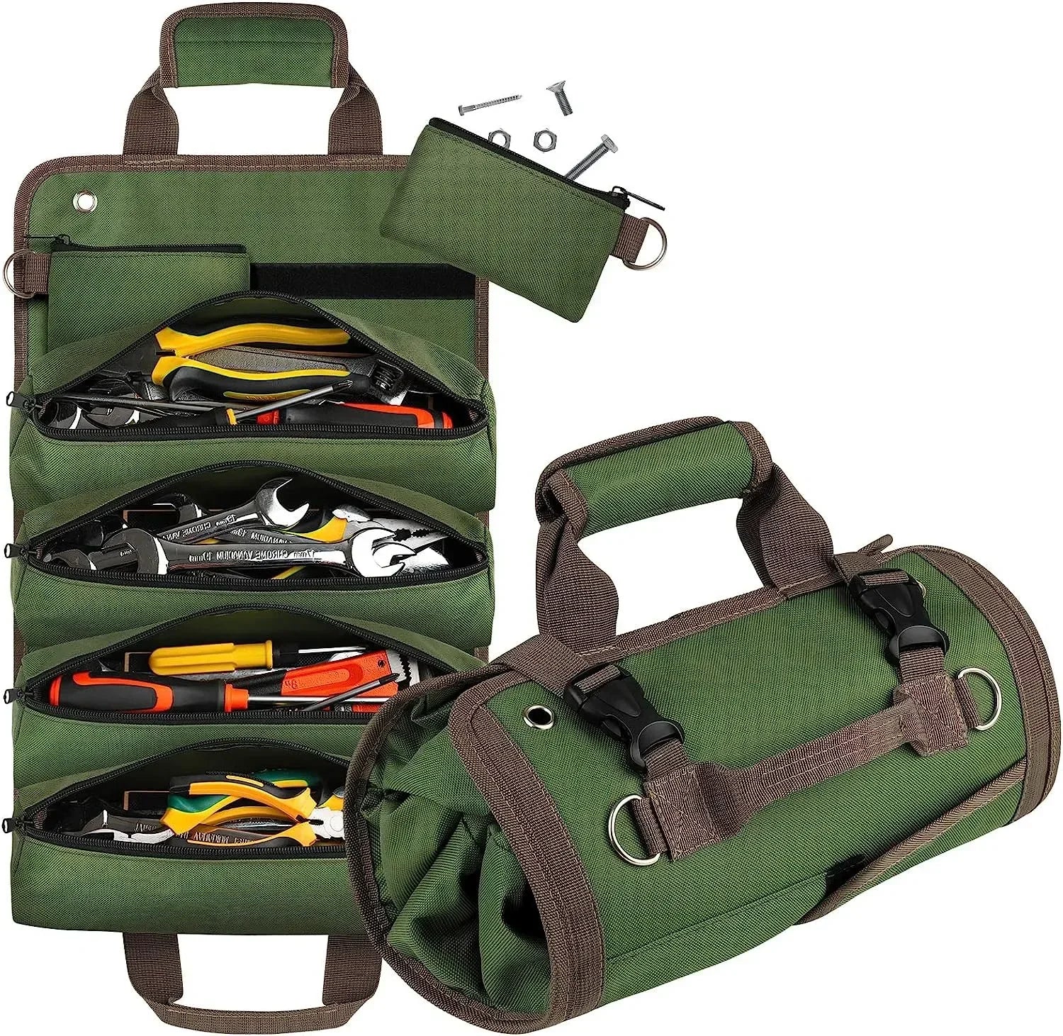 Heavy-duty roll-up tool bag organizer, black Oxford fabric, water-resistant, ideal for tool storage