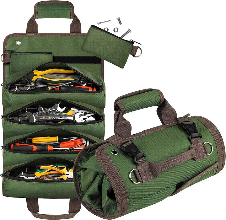 Heavy-duty roll-up tool bag organizer, black Oxford fabric, water-resistant, ideal for tool storage