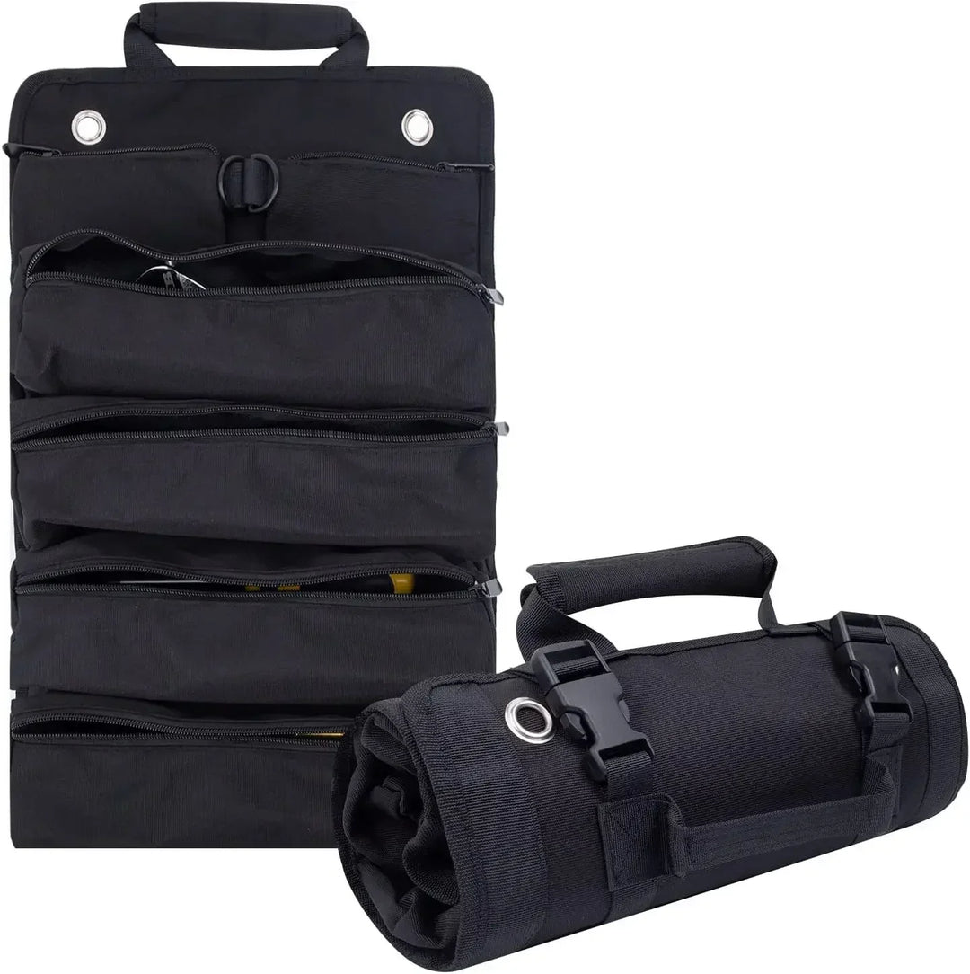 Unisex black heavy-duty tool bag, roll-up design, perfect for organizing and transporting tools