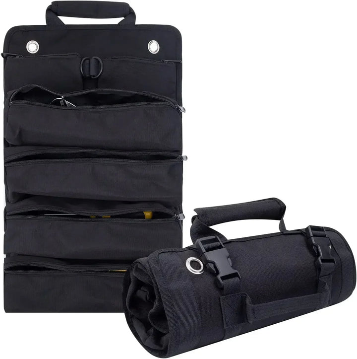 Unisex black heavy-duty tool bag, roll-up design, perfect for organizing and transporting tools