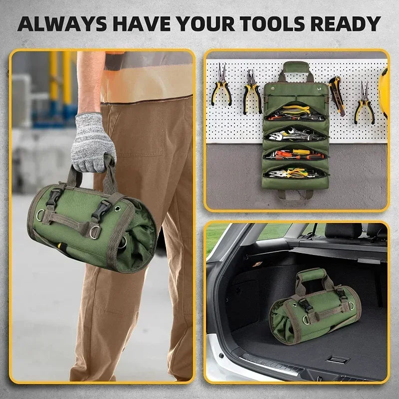 Compact roll-up tool bag with secure straps, tough Oxford fabric for reliable tool organization