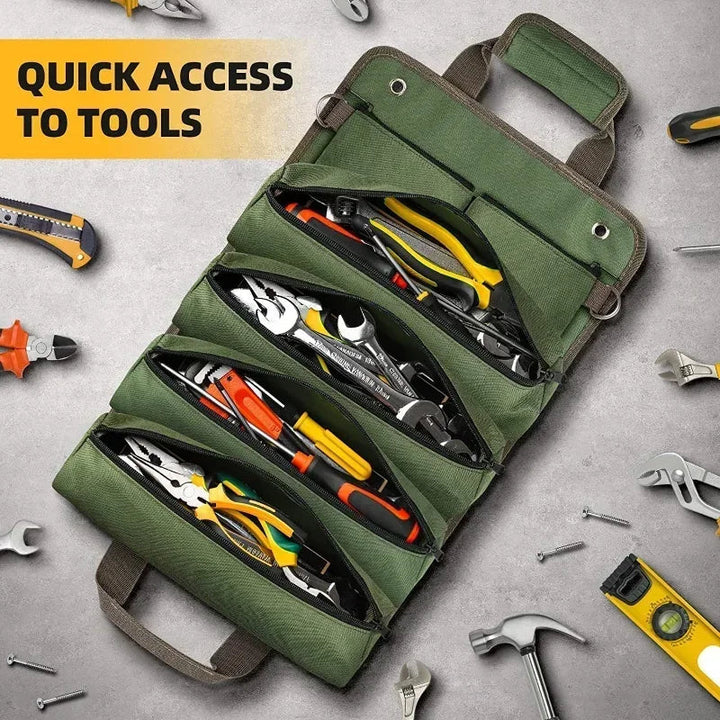 Black roll-up tool pouch organizer, heavy-duty, water-resistant, for efficient tool storage on the go