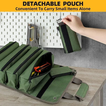 Practical heavy-duty roll-up tool carrier, strong Oxford fabric, an essential for any craftsman