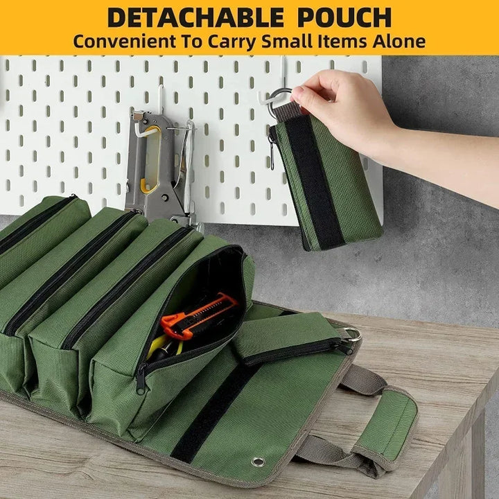 Practical heavy-duty roll-up tool carrier, strong Oxford fabric, an essential for any craftsman