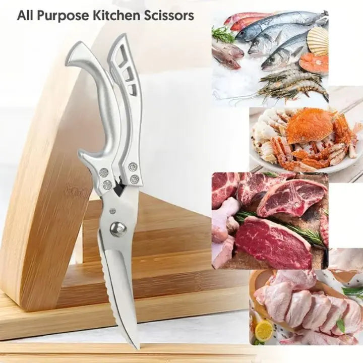Durable stainless steel kitchen shears with fish scaler, perfect for seafood prep.