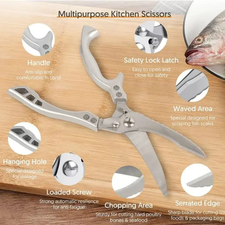 Spring-loaded heavy-duty kitchen shears, stainless steel, for comfortable, sharp cutting.