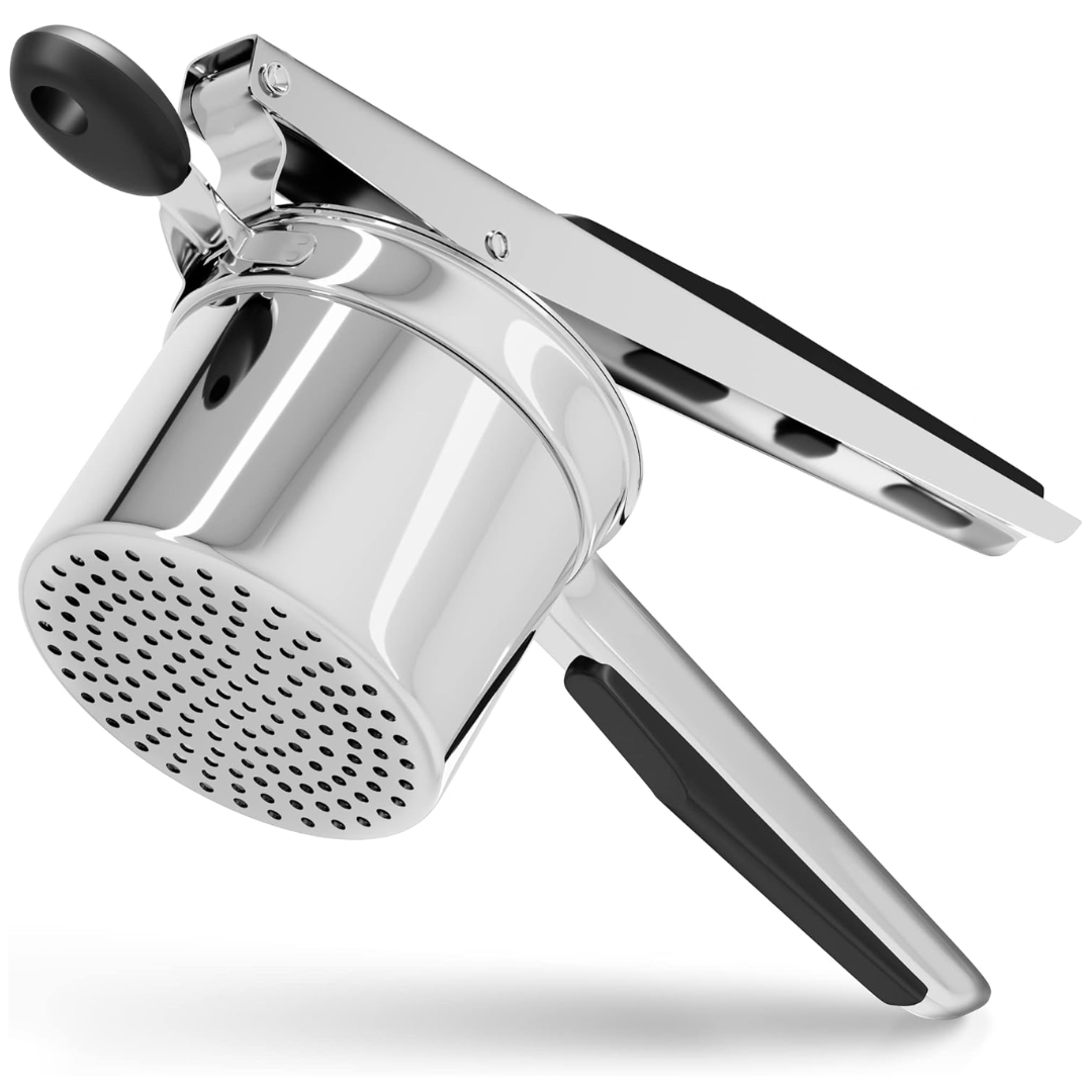 Heavy-duty stainless steel potato masher with ergonomic handle for smooth, lump-free results.