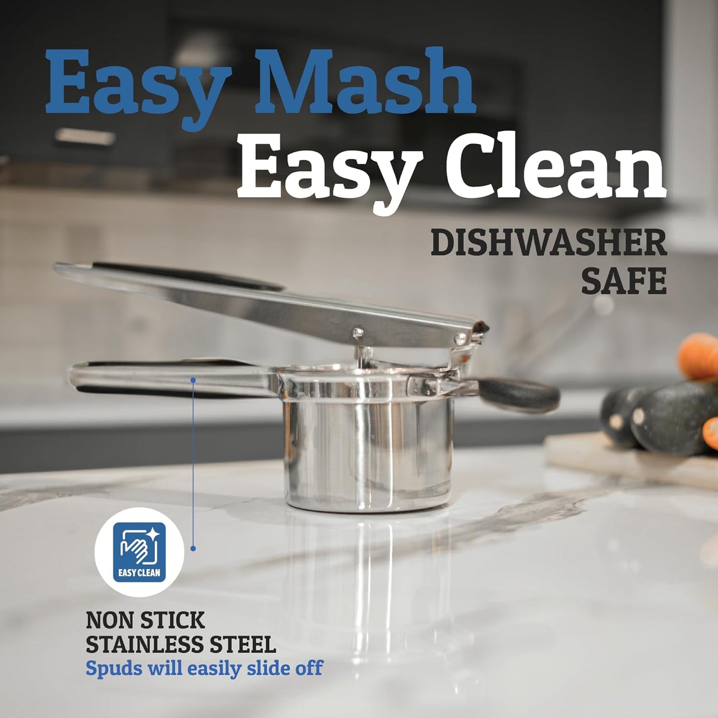 Modern design heavy-duty stainless steel potato masher, a versatile kitchen utensil for daily use.