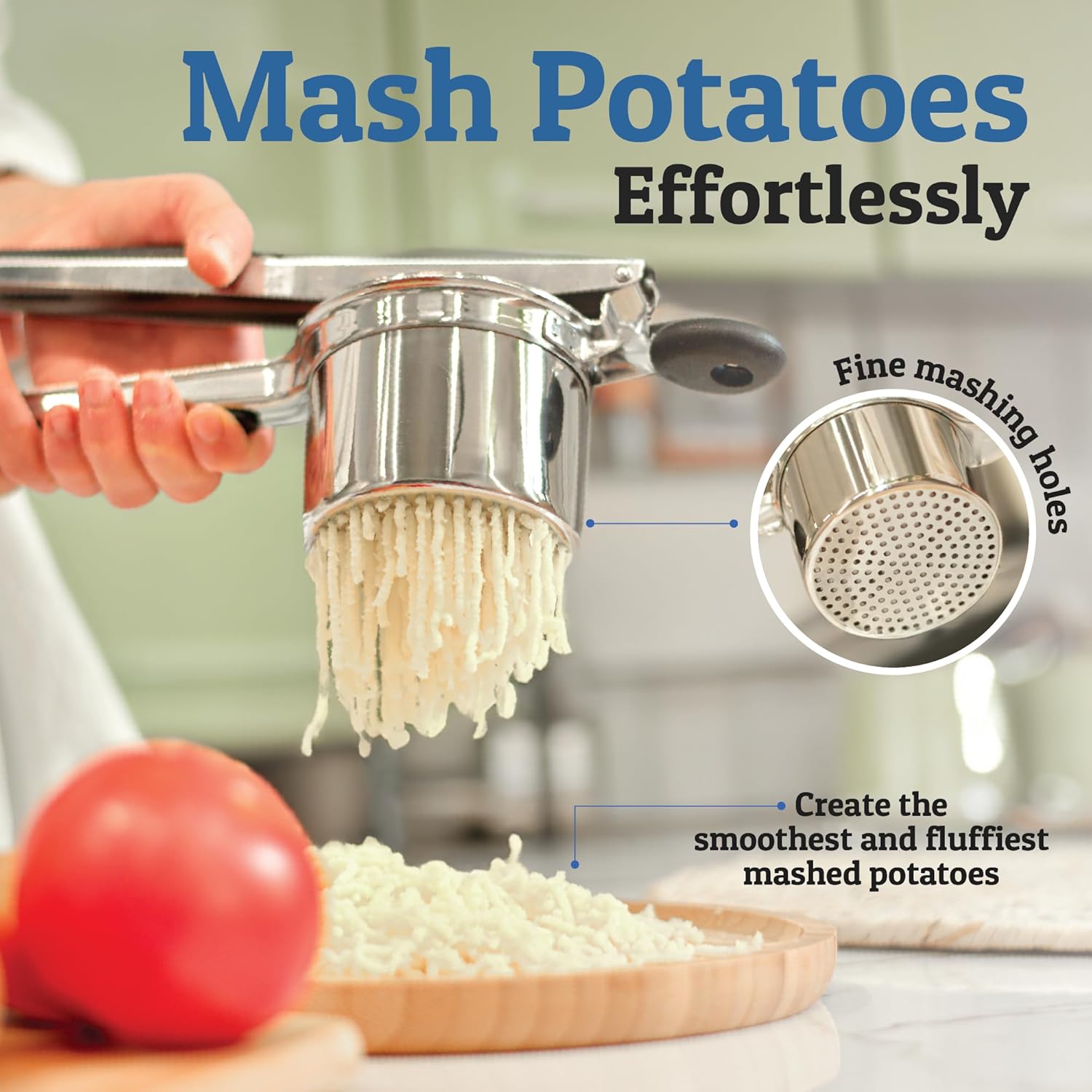 Essential kitchen gadget: heavy-duty stainless steel masher for quick & easy food prep.