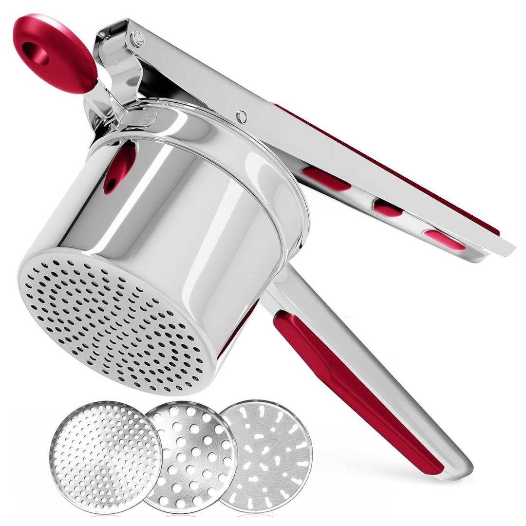 Durable stainless steel potato masher, ideal for mashing potatoes, vegetables, and fruits effortlessly.