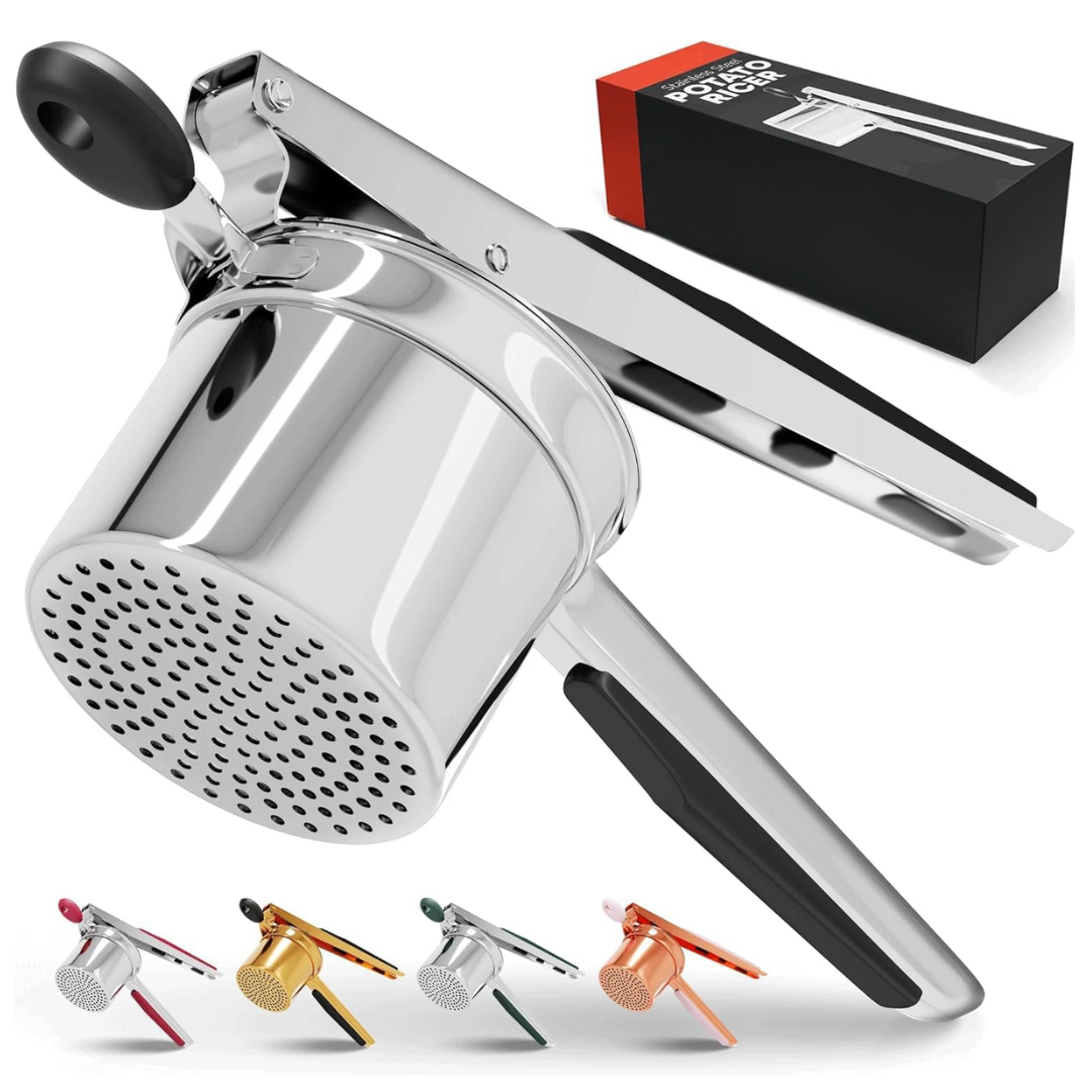 Premium heavy-duty stainless steel potato masher, an essential cooking gadget for any kitchen.