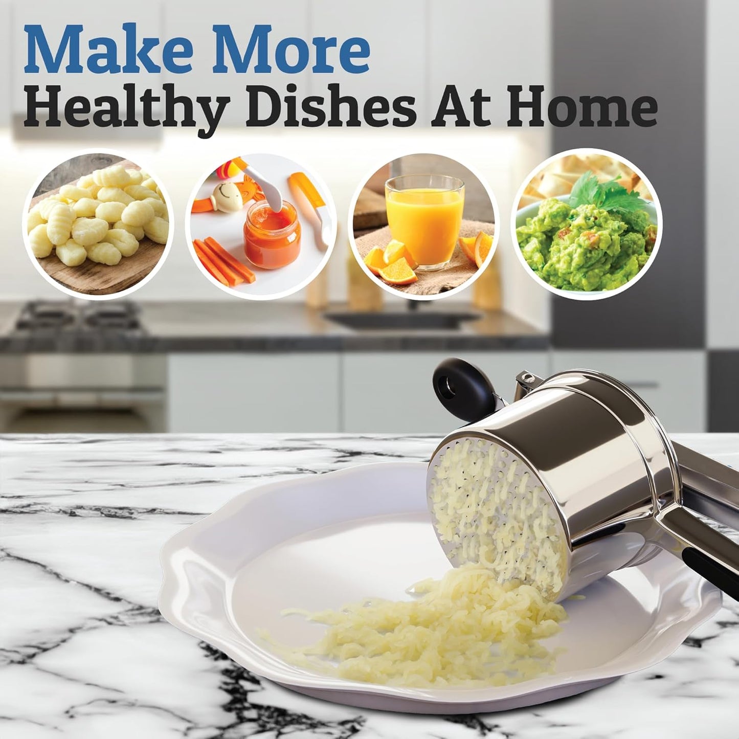 Ergonomic stainless steel potato masher for comfortable and efficient mashing of root vegetables.