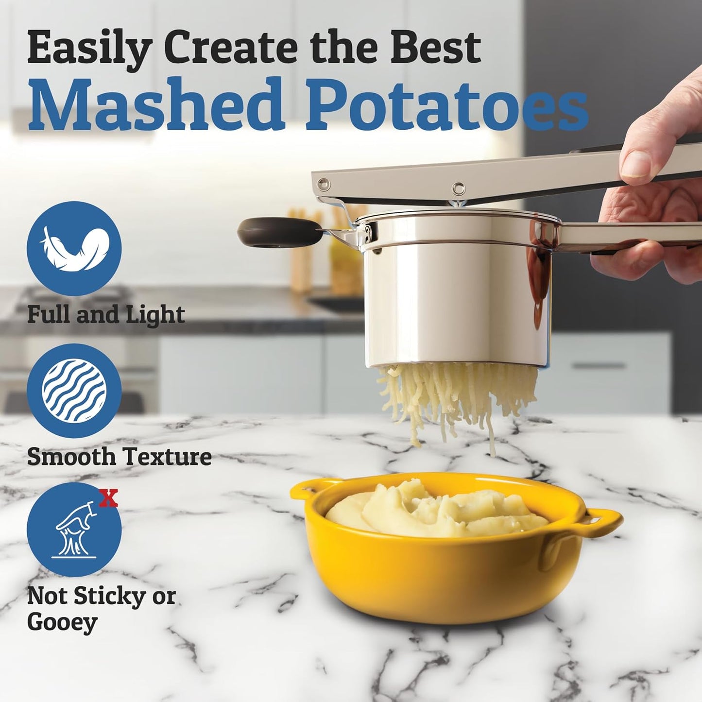 Robust stainless steel potato masher, designed for heavy-duty use in busy home kitchens.