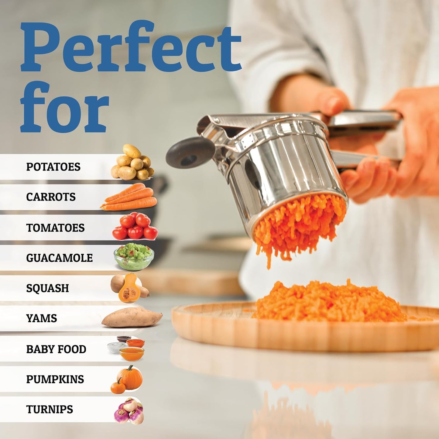 Food-grade stainless steel potato masher, ensuring smooth mashing for all your favorite dishes.