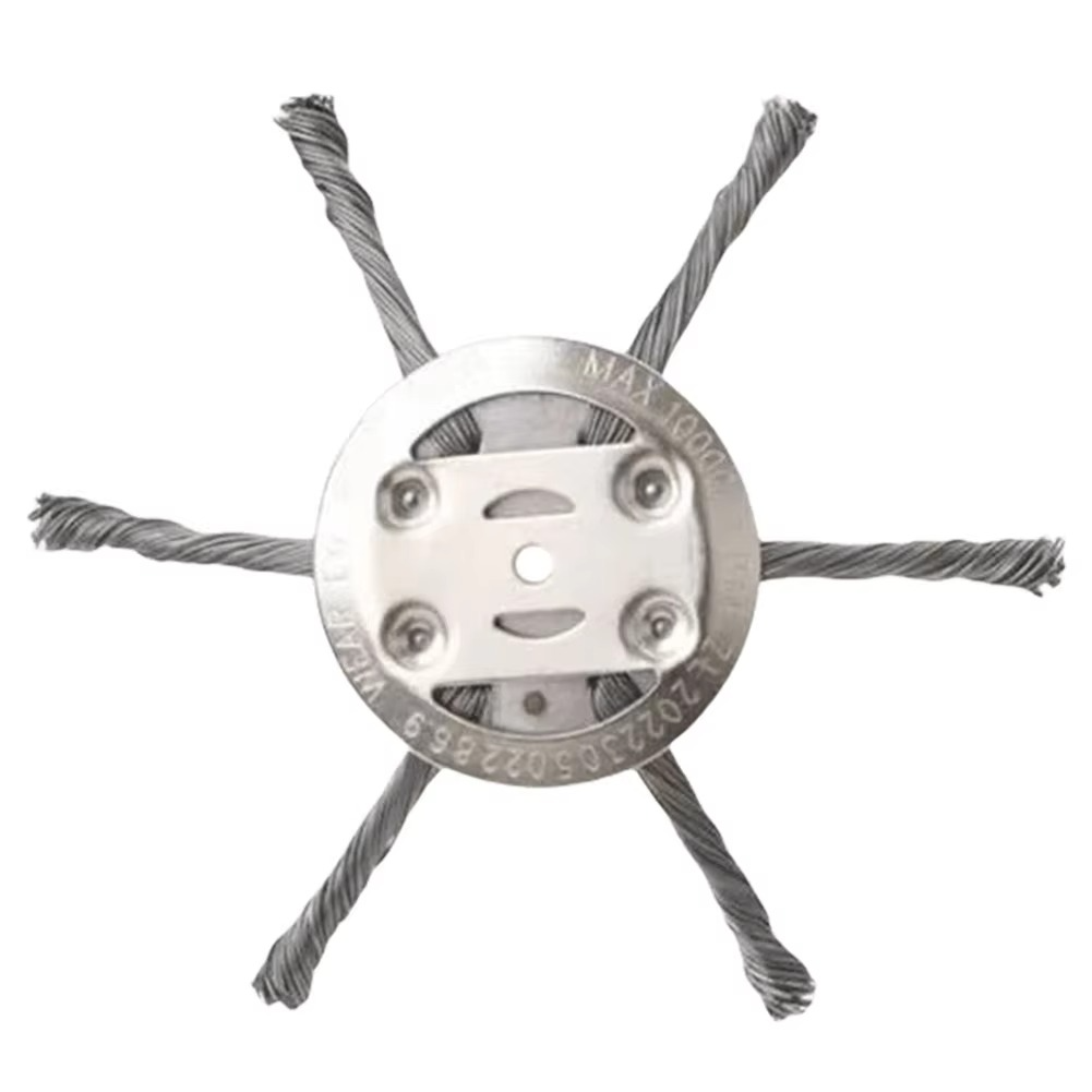 Heavy-duty steel wire trimmer head for effective weed and rust removal. Universal garden tool attachment.