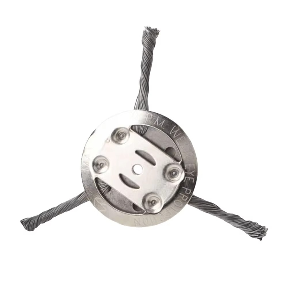 Durable steel wire brush cutter head, ideal for tough weed, moss, and rust cleaning. Heavy-duty garden tool.