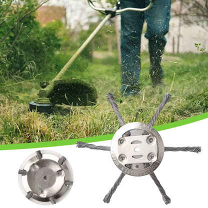 Powerful steel brush trimmer head for heavy-duty weed, rust, and moss removal. Outdoor cleanup attachment.