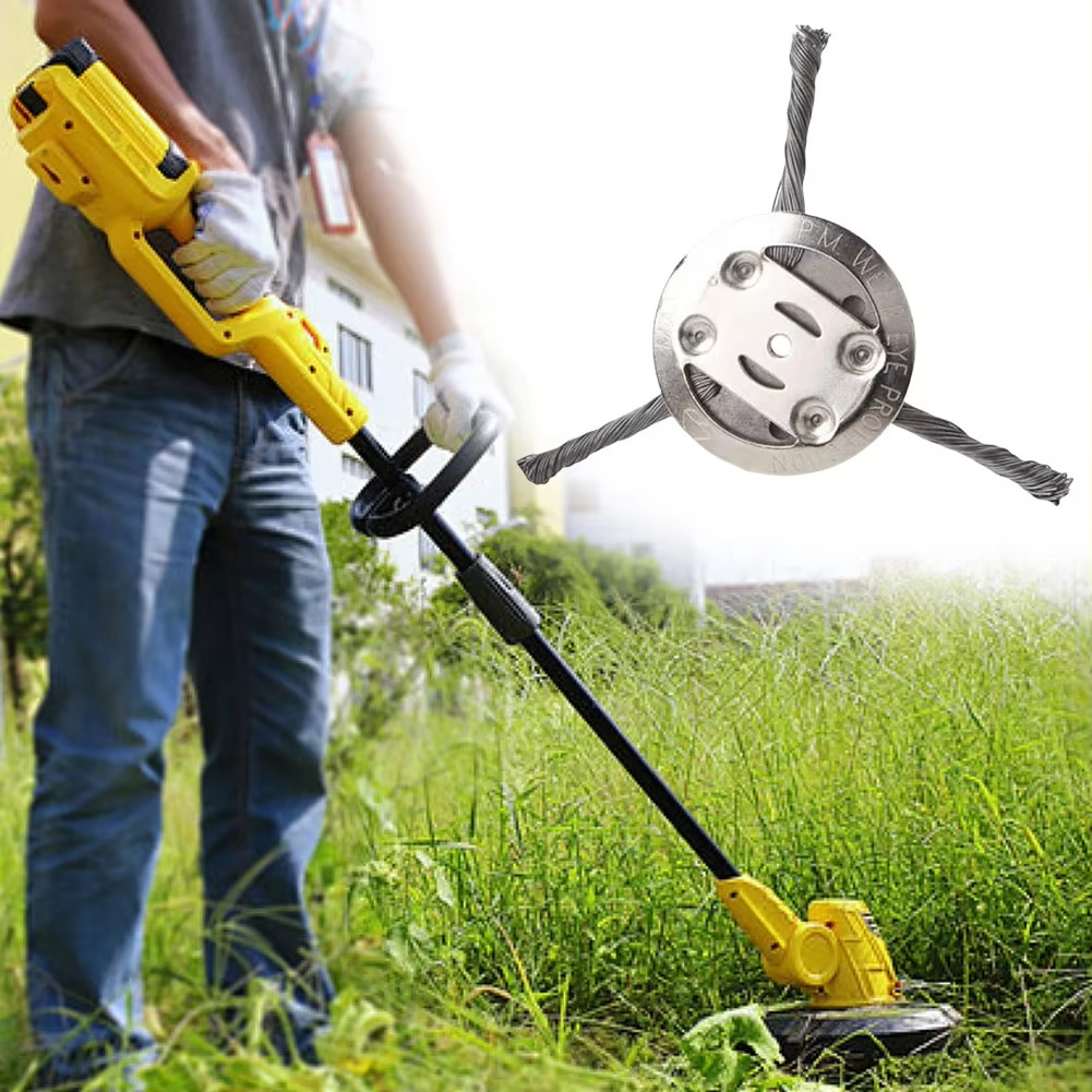 Universal heavy-duty steel wire trimmer head for brush cutters. Tackles tough weeds, rust, and moss. Lawn care.