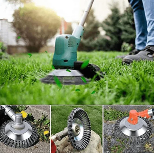 Universal steel wire brushcutter head for efficient weed & rust removal on pathways and driveways.