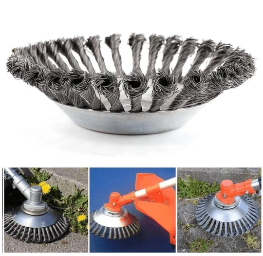 Robust steel wire weeding brush attachment for brushcutters, perfect for heavy-duty garden & landscaping tasks.