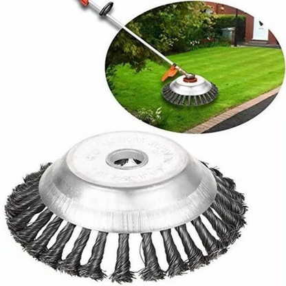 Durable steel wire brush head for brushcutters, excellent for weed control, rust removal & metal cleaning.