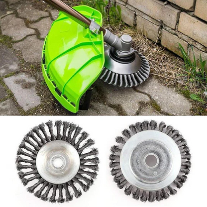 Brushcutter wire brush head, a heavy-duty steel garden tool for powerful weed removal and landscaping.