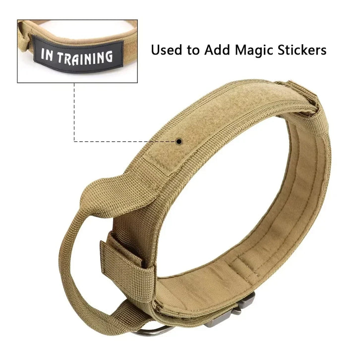 Adjustable tactical dog collar with control handle, durable for large dogs, quick release buckle