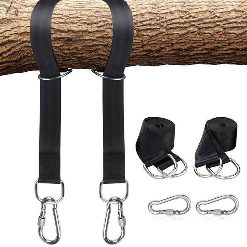 Unisex hammock hanging straps made of durable polyester, with steel carabiners for tree swings.