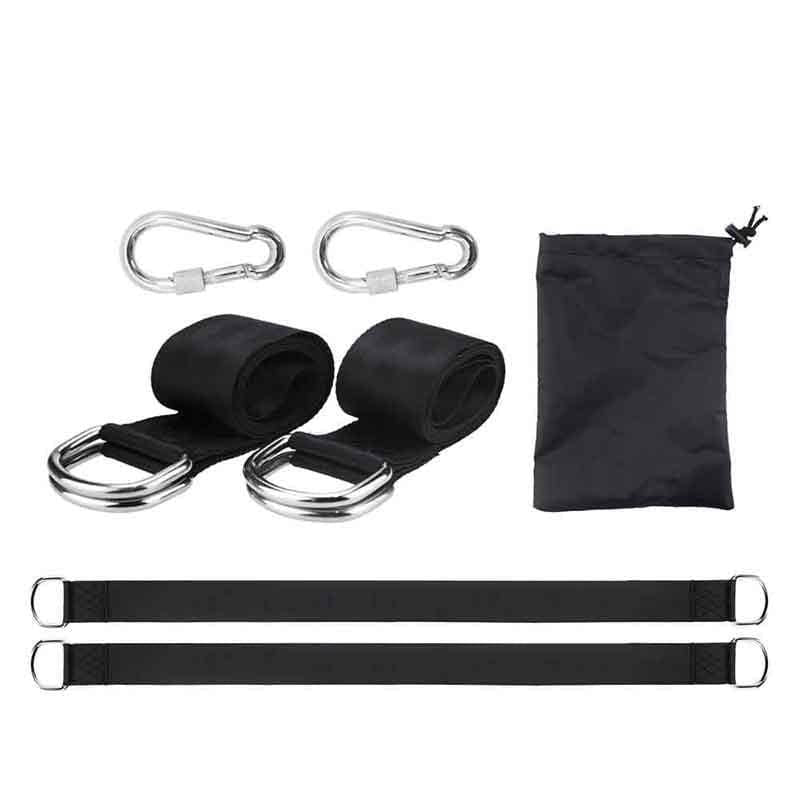 Outdoor accessories: black tree swing hanging straps kit with stainless steel D-rings for reliable support.