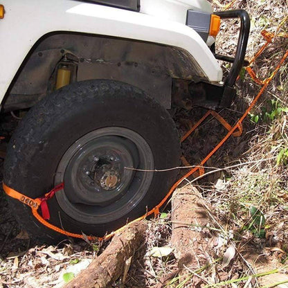 Bright orange automotive tow rope, essential emergency gear for vehicle recovery and offroading