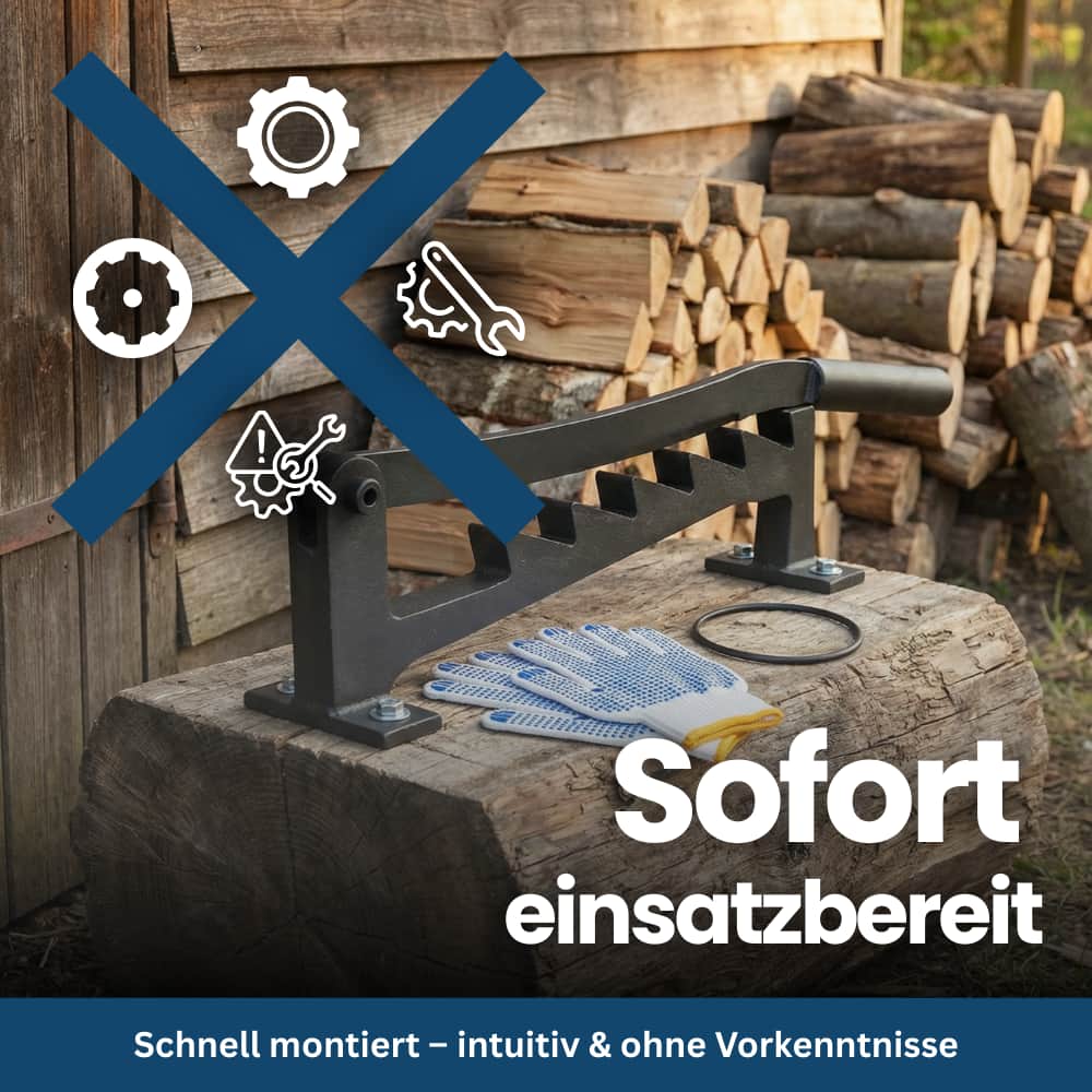 Solid steel wall-mounted firewood splitter, an indispensable accessory for wood-burning fireplaces.