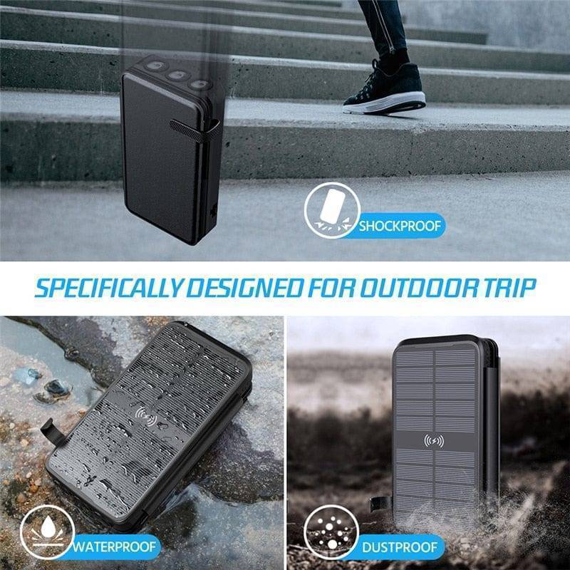 Emergency solar wireless charger for phones, reliable high-capacity portable power in black finish