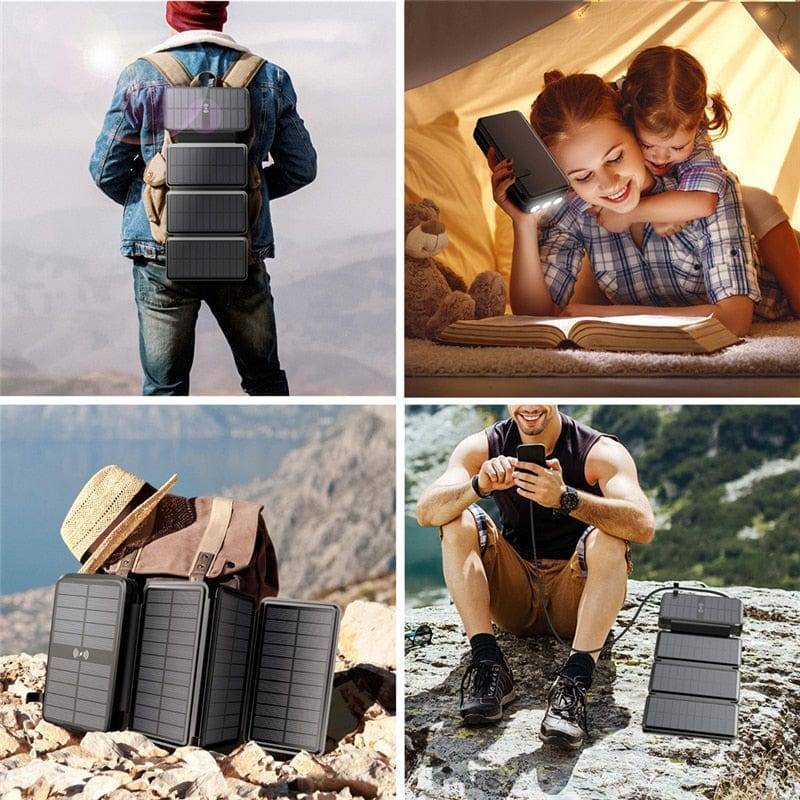 Compact solar power bank, wireless & wired fast charging, perfect tech accessory for travel and camping