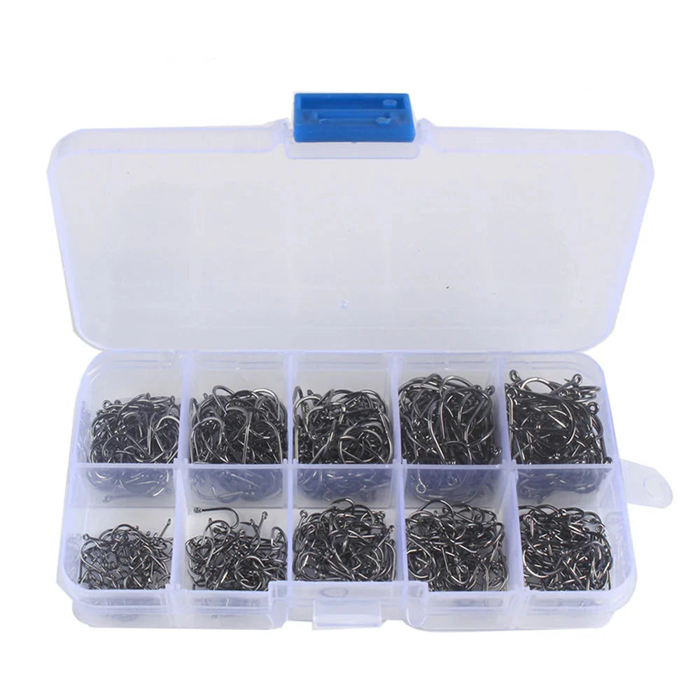 Complete fishing hook set made of high-carbon steel, providing strong and reliable barbed hooks for fishing